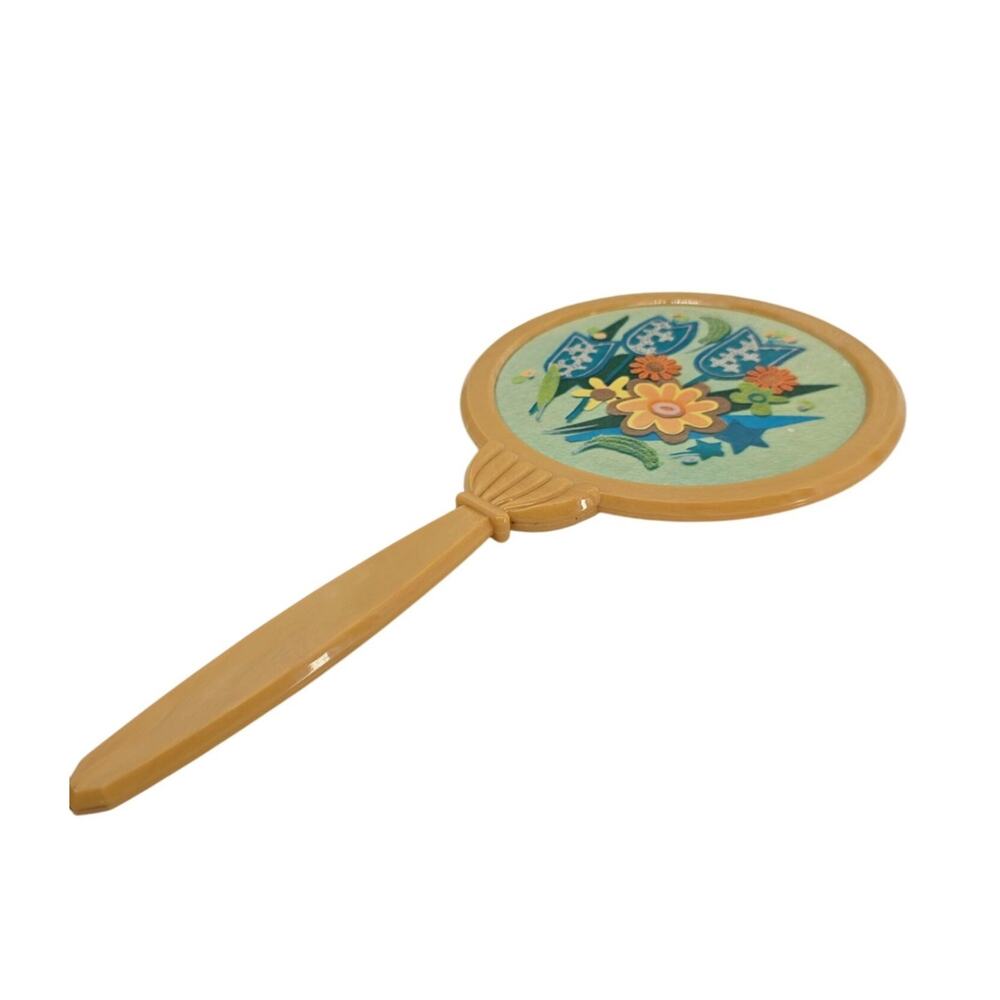 Vintage 70s Handheld Vanity Mirror‎ With Floral Design & Yellow Celluloid Handle